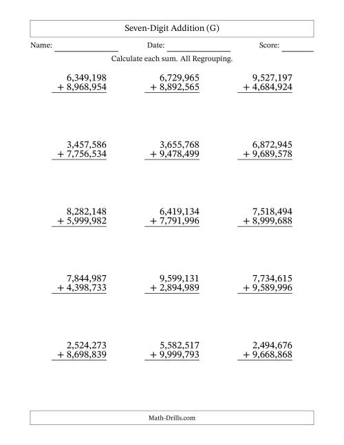 The 7-Digit Plus 7-Digit Addtion with ALL Regrouping and Comma-Separated Thousands (G) Math Worksheet