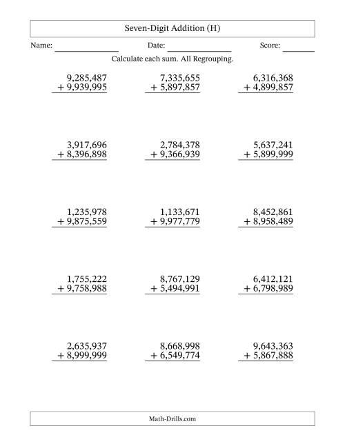 The Seven-Digit Addition With All Regrouping – 15 Questions – Comma Separated Thousands (H) Math Worksheet