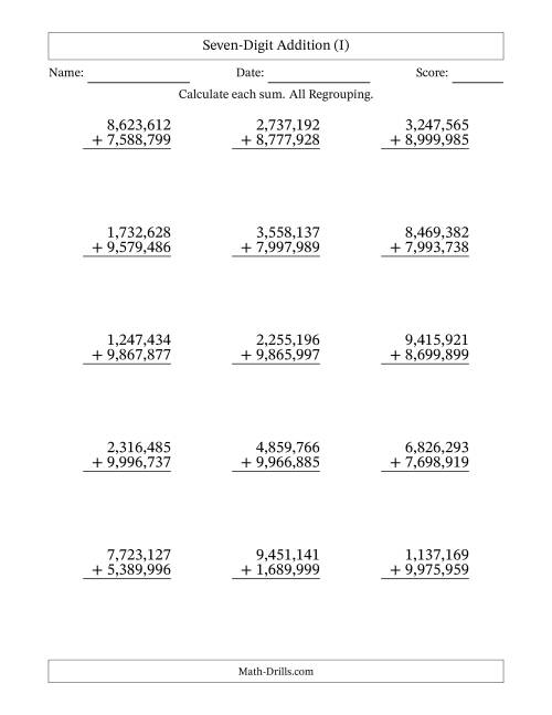The Seven-Digit Addition With All Regrouping – 15 Questions – Comma Separated Thousands (I) Math Worksheet