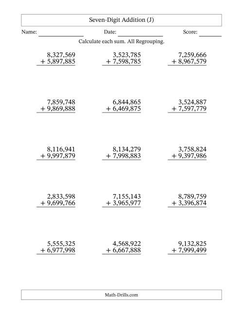 The Seven-Digit Addition With All Regrouping – 15 Questions – Comma Separated Thousands (J) Math Worksheet