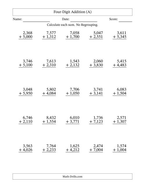 The Four-Digit Addition With No Regrouping – 25 Questions – Comma Separated Thousands (A) Math Worksheet