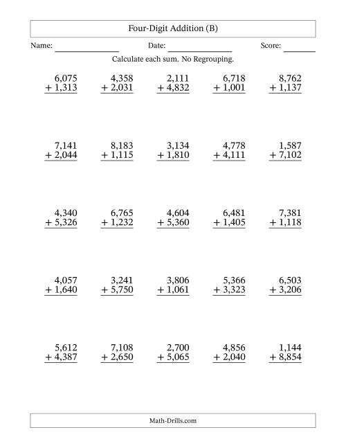 The Four-Digit Addition With No Regrouping – 25 Questions – Comma Separated Thousands (B) Math Worksheet