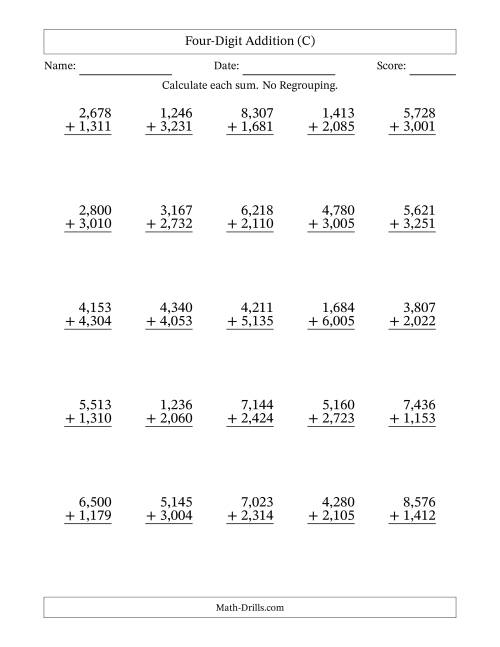The Four-Digit Addition With No Regrouping – 25 Questions – Comma Separated Thousands (C) Math Worksheet