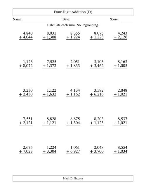 The Four-Digit Addition With No Regrouping – 25 Questions – Comma Separated Thousands (D) Math Worksheet