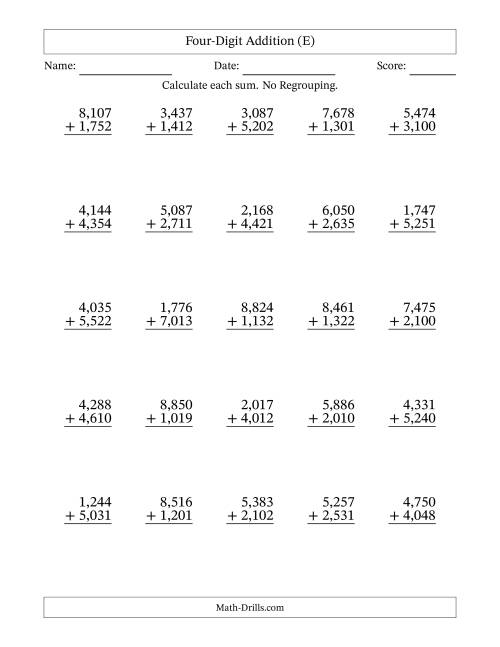 The Four-Digit Addition With No Regrouping – 25 Questions – Comma Separated Thousands (E) Math Worksheet
