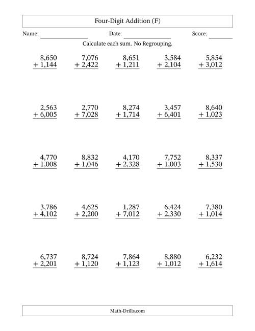 The Four-Digit Addition With No Regrouping – 25 Questions – Comma Separated Thousands (F) Math Worksheet