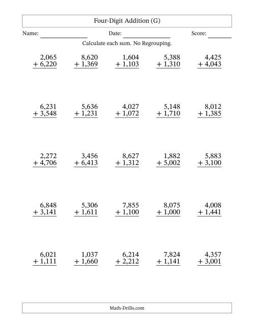 The Four-Digit Addition With No Regrouping – 25 Questions – Comma Separated Thousands (G) Math Worksheet