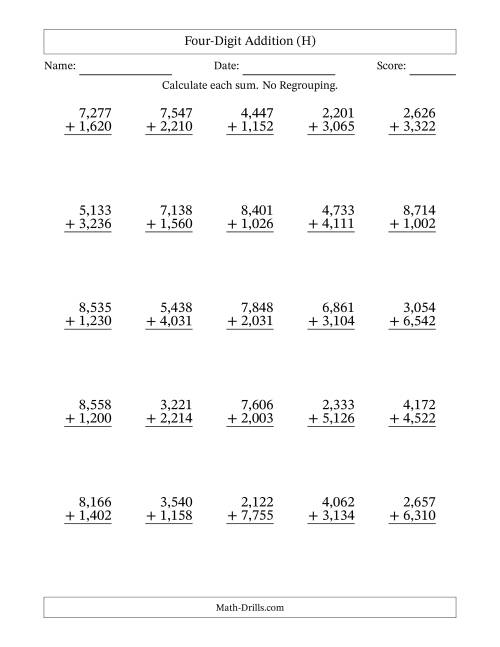 The Four-Digit Addition With No Regrouping – 25 Questions – Comma Separated Thousands (H) Math Worksheet