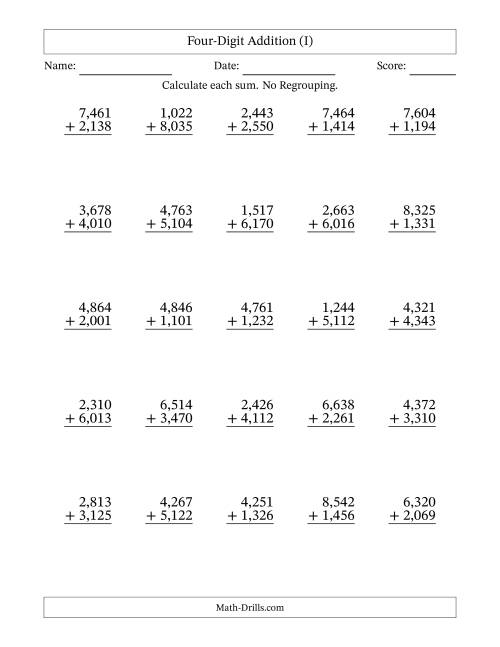 The Four-Digit Addition With No Regrouping – 25 Questions – Comma Separated Thousands (I) Math Worksheet