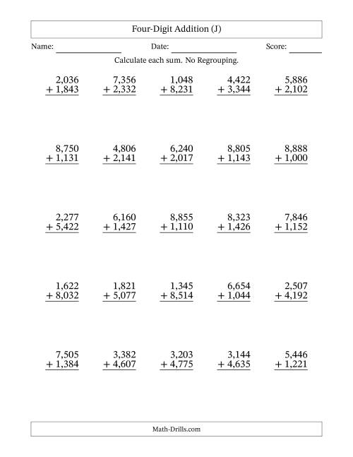 The 4-Digit Plus 4-Digit Addition with NO Regrouping and Comma-Separated Thousands (J) Math Worksheet