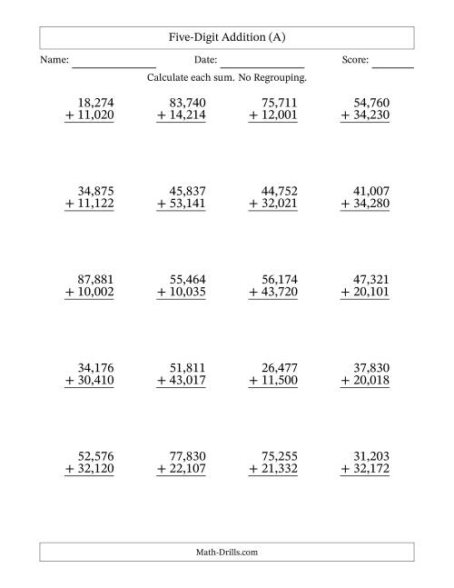The Five-Digit Addition With No Regrouping – 20 Questions – Comma Separated Thousands (A) Math Worksheet