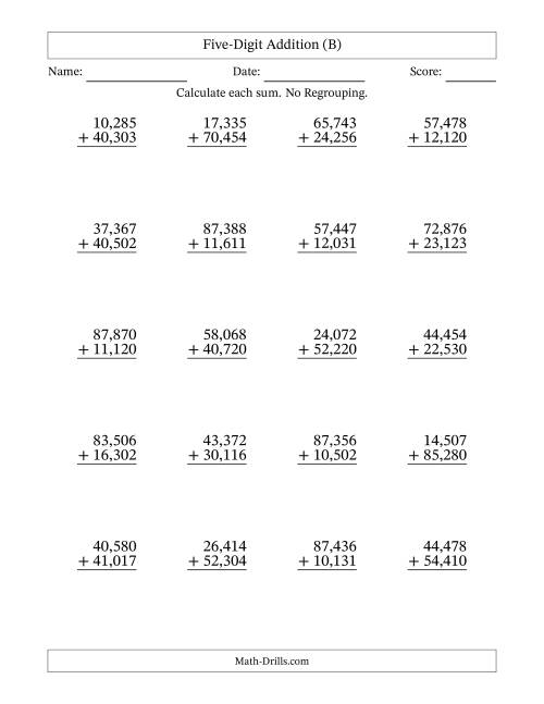 The Five-Digit Addition With No Regrouping – 20 Questions – Comma Separated Thousands (B) Math Worksheet
