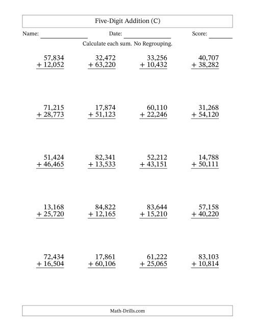 The Five-Digit Addition With No Regrouping – 20 Questions – Comma Separated Thousands (C) Math Worksheet