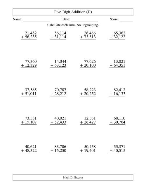 The Five-Digit Addition With No Regrouping – 20 Questions – Comma Separated Thousands (D) Math Worksheet