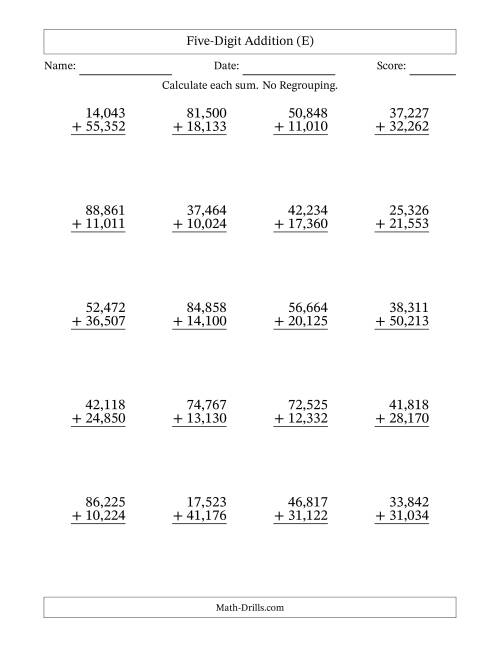 The Five-Digit Addition With No Regrouping – 20 Questions – Comma Separated Thousands (E) Math Worksheet