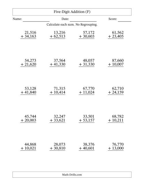 The Five-Digit Addition With No Regrouping – 20 Questions – Comma Separated Thousands (F) Math Worksheet