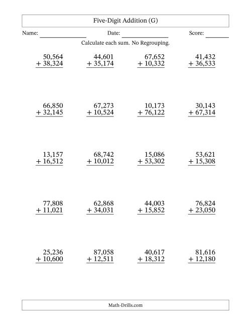 The Five-Digit Addition With No Regrouping – 20 Questions – Comma Separated Thousands (G) Math Worksheet