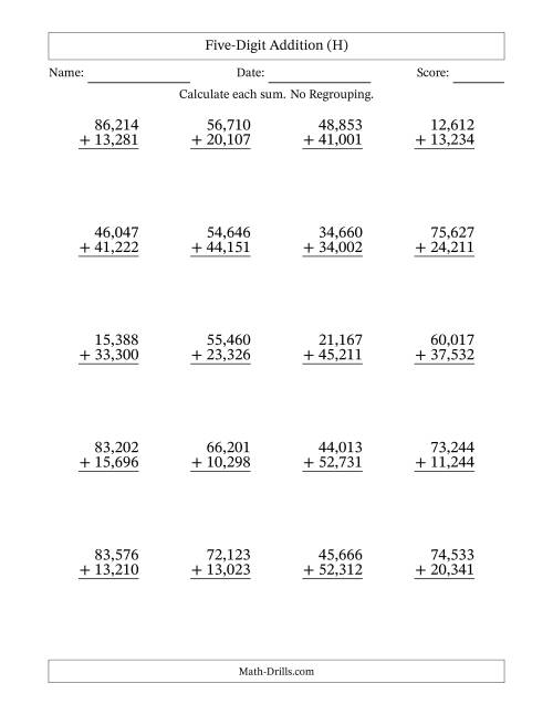 The Five-Digit Addition With No Regrouping – 20 Questions – Comma Separated Thousands (H) Math Worksheet