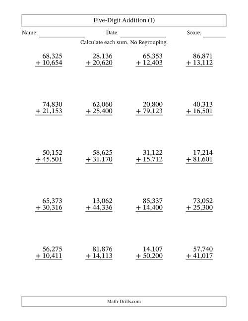 The Five-Digit Addition With No Regrouping – 20 Questions – Comma Separated Thousands (I) Math Worksheet