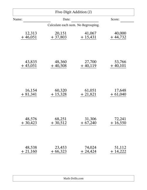 The Five-Digit Addition With No Regrouping – 20 Questions – Comma Separated Thousands (J) Math Worksheet