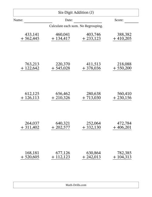 The Six-Digit Addition With No Regrouping – 20 Questions – Comma Separated Thousands (J) Math Worksheet