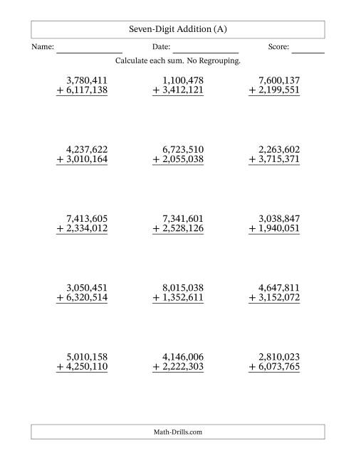 The 7-Digit Plus 7-Digit Addition with NO Regrouping and Comma-Separated Thousands (A) Math Worksheet