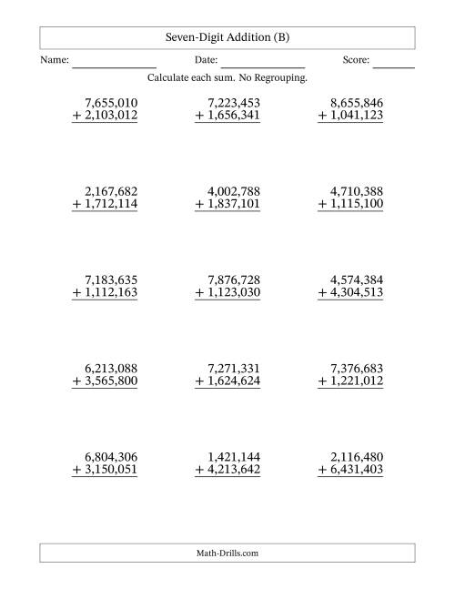 The Seven-Digit Addition With No Regrouping – 15 Questions – Comma Separated Thousands (B) Math Worksheet