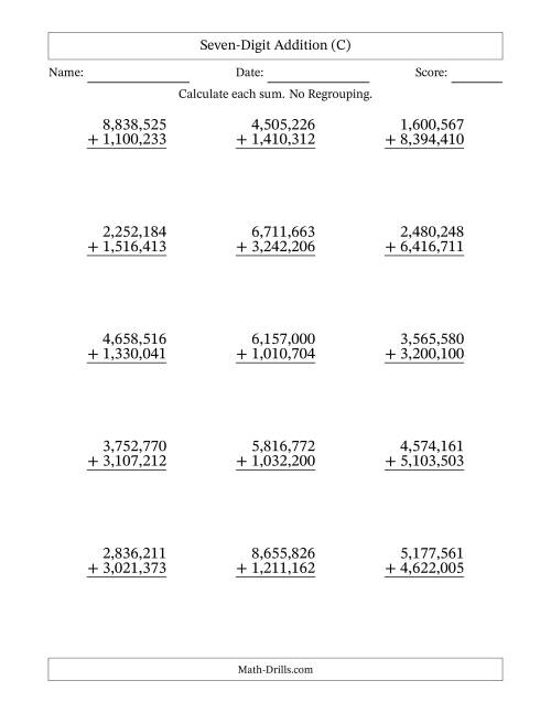 The Seven-Digit Addition With No Regrouping – 15 Questions – Comma Separated Thousands (C) Math Worksheet