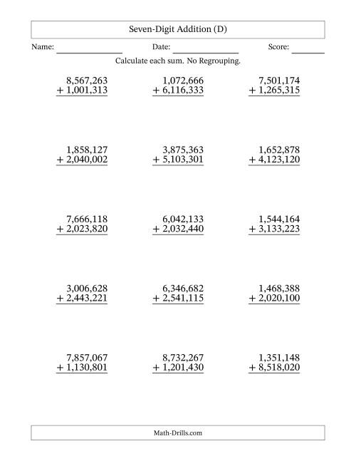The Seven-Digit Addition With No Regrouping – 15 Questions – Comma Separated Thousands (D) Math Worksheet