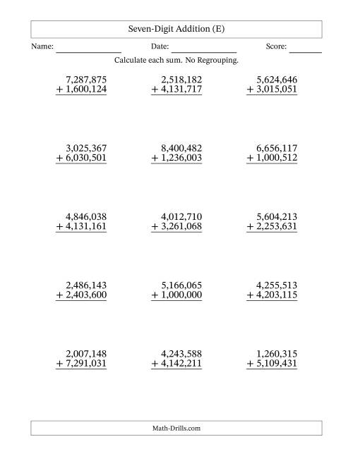 The Seven-Digit Addition With No Regrouping – 15 Questions – Comma Separated Thousands (E) Math Worksheet