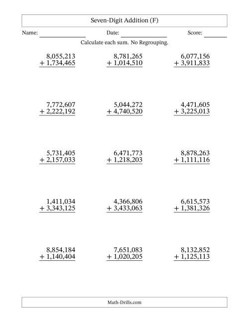 The Seven-Digit Addition With No Regrouping – 15 Questions – Comma Separated Thousands (F) Math Worksheet