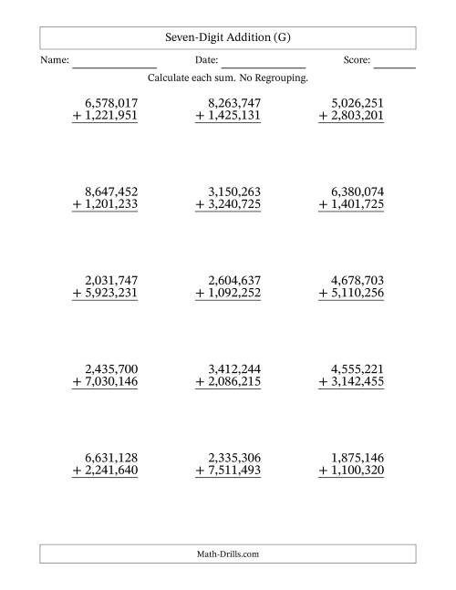 The Seven-Digit Addition With No Regrouping – 15 Questions – Comma Separated Thousands (G) Math Worksheet