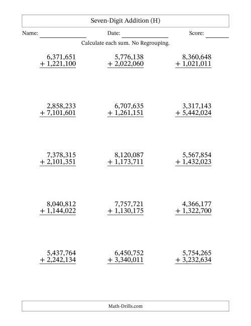 The Seven-Digit Addition With No Regrouping – 15 Questions – Comma Separated Thousands (H) Math Worksheet