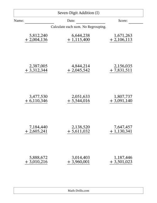 The Seven-Digit Addition With No Regrouping – 15 Questions – Comma Separated Thousands (I) Math Worksheet
