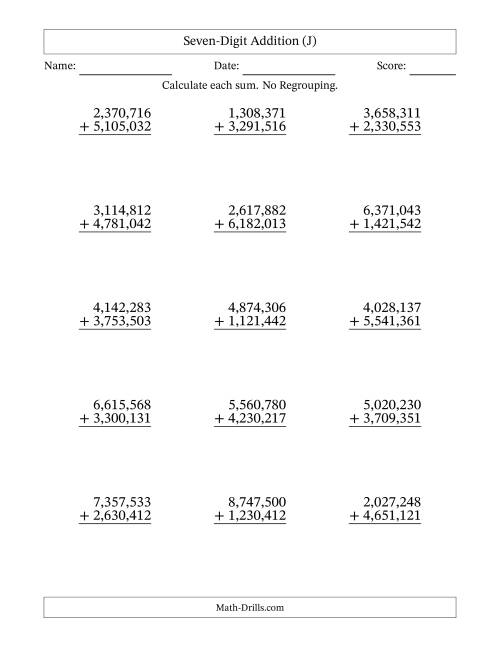 The Seven-Digit Addition With No Regrouping – 15 Questions – Comma Separated Thousands (J) Math Worksheet