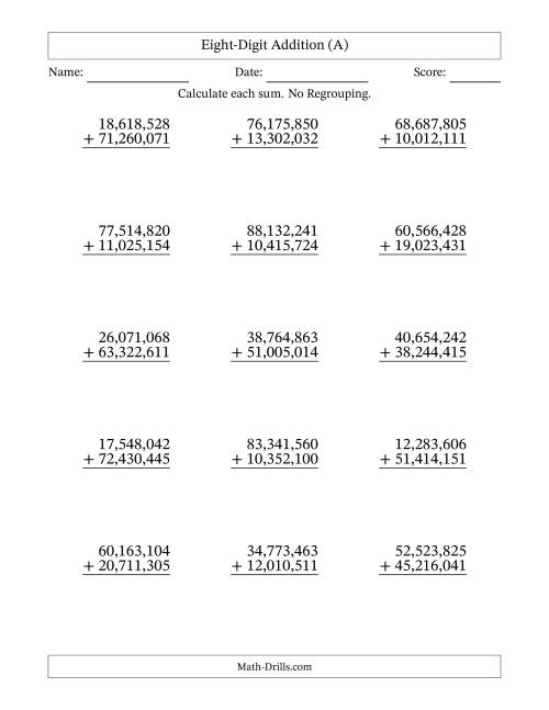 The 8-Digit Plus 8-Digit Addition with NO Regrouping and Comma-Separated Thousands (A) Math Worksheet