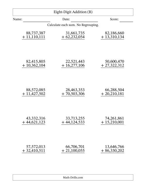 The 8-Digit Plus 8-Digit Addition with NO Regrouping and Comma-Separated Thousands (B) Math Worksheet