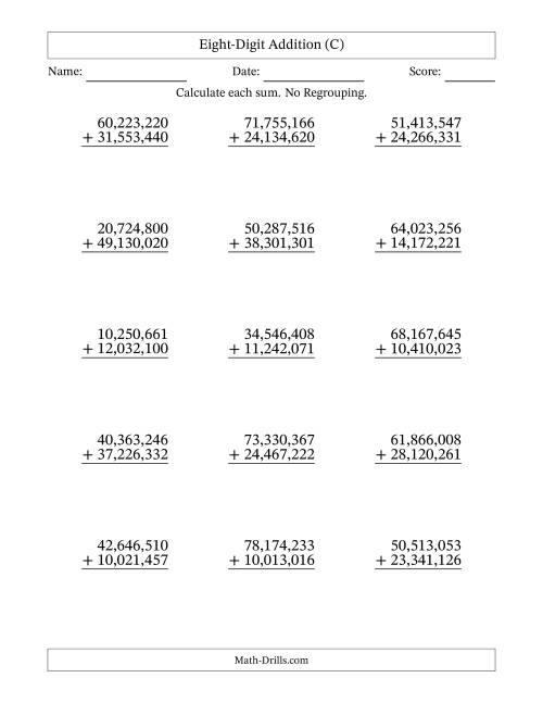 The Eight-Digit Addition With No Regrouping – 15 Questions – Comma Separated Thousands (C) Math Worksheet
