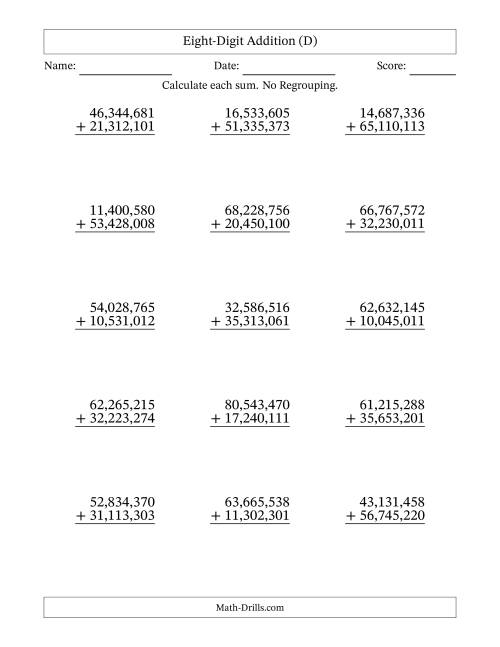 The Eight-Digit Addition With No Regrouping – 15 Questions – Comma Separated Thousands (D) Math Worksheet