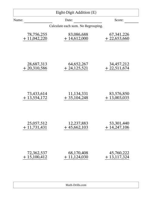 The Eight-Digit Addition With No Regrouping – 15 Questions – Comma Separated Thousands (E) Math Worksheet