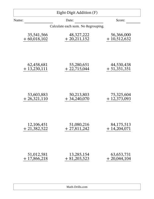 The Eight-Digit Addition With No Regrouping – 15 Questions – Comma Separated Thousands (F) Math Worksheet