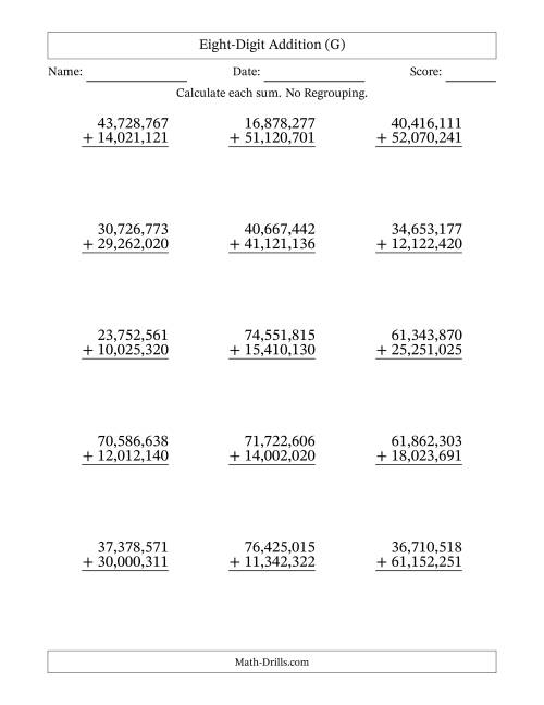 The Eight-Digit Addition With No Regrouping – 15 Questions – Comma Separated Thousands (G) Math Worksheet