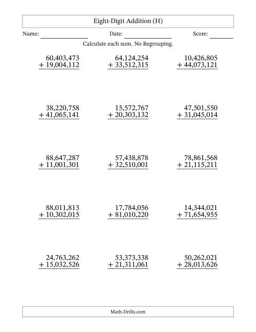 The 8-Digit Plus 8-Digit Addition with NO Regrouping and Comma-Separated Thousands (H) Math Worksheet