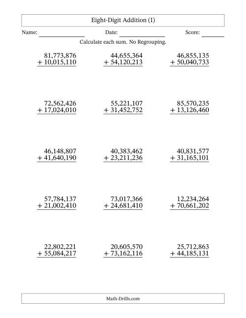 The Eight-Digit Addition With No Regrouping – 15 Questions – Comma Separated Thousands (I) Math Worksheet