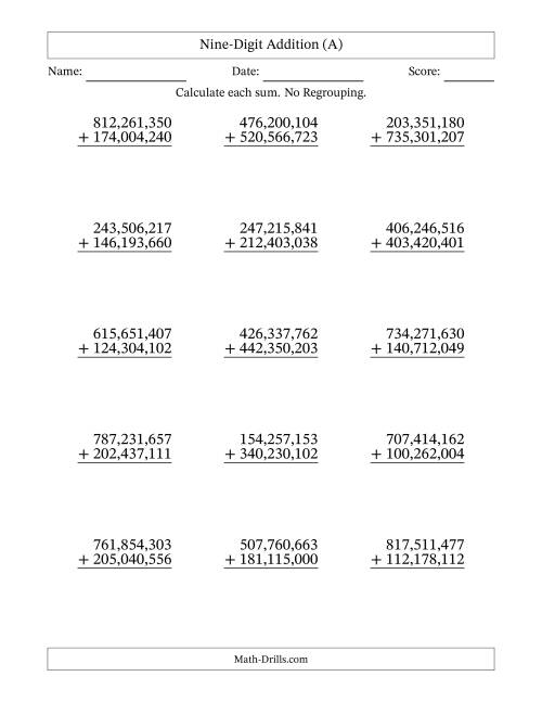 The Nine-Digit Addition With No Regrouping – 15 Questions – Comma Separated Thousands (A) Math Worksheet