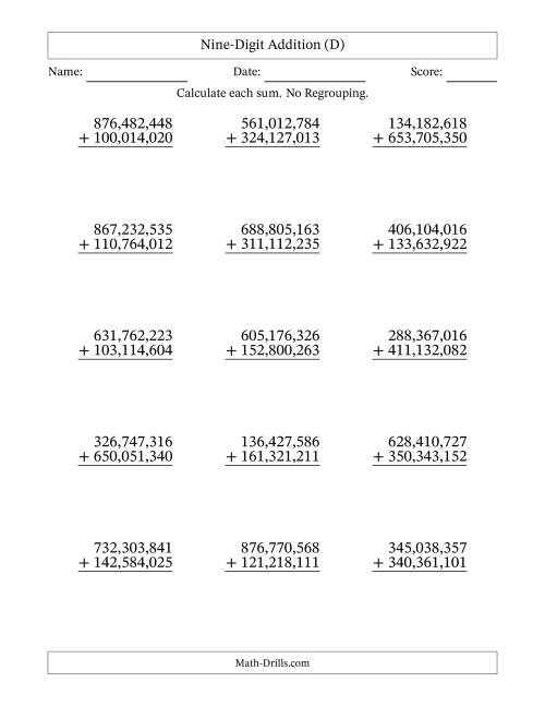The Nine-Digit Addition With No Regrouping – 15 Questions – Comma Separated Thousands (D) Math Worksheet
