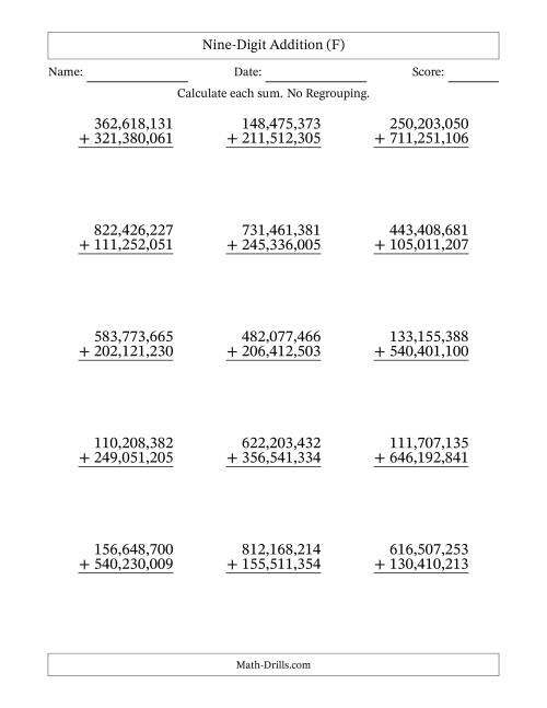 The 9-Digit Plus 9-Digit Addition with NO Regrouping and Comma-Separated Thousands (F) Math Worksheet