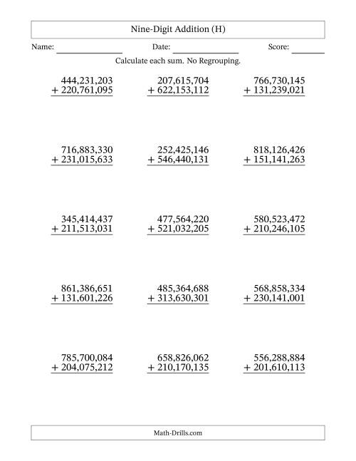 The Nine-Digit Addition With No Regrouping – 15 Questions – Comma Separated Thousands (H) Math Worksheet