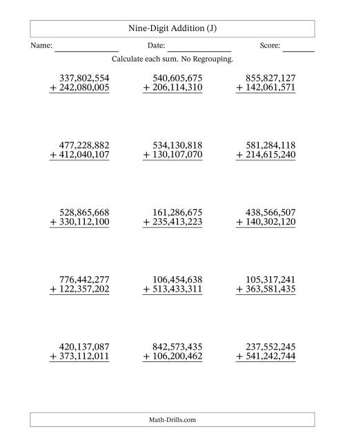 The 9-Digit Plus 9-Digit Addition with NO Regrouping and Comma-Separated Thousands (J) Math Worksheet