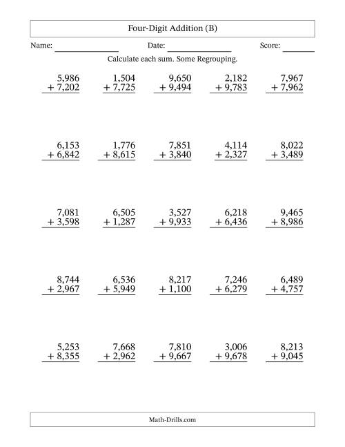 The Four-Digit Addition With Some Regrouping – 25 Questions – Comma Separated Thousands (B) Math Worksheet
